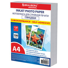 Фотобумага САМОКЛЕЯЩАЯСЯ глянцевая, А4, 130 г/<wbr/>м<sup>2</sup>, 100 листов, ПАКЕТ, BRAUBERG ORIGINAL, 364436