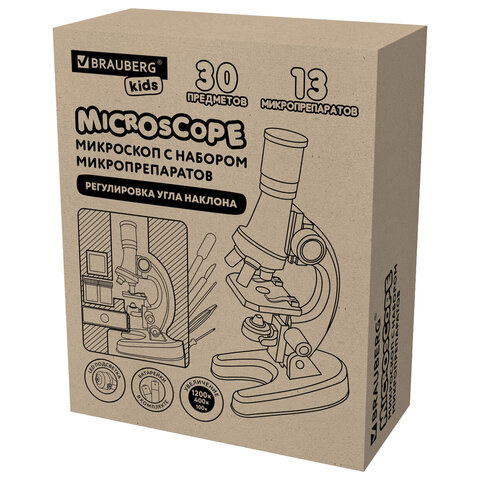 Микроскоп 30 предметов,в т.ч. 12 микропреп., 100/400/1200х подсветка,BRAUBERG KIDS, 391400