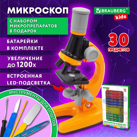 Микроскоп с подсветкой, 30 предметов, в т.ч. набор из 12 микропрепаратов в подарок, увеличение 100х, 400х, 1200х, BRAUBERG KIDS, 391400 - фото 14