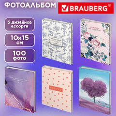 Фотоальбом BRAUBERG на 100 фото 10х15 см, ассорти 5 дизайнов, твердая обложка, 391443
