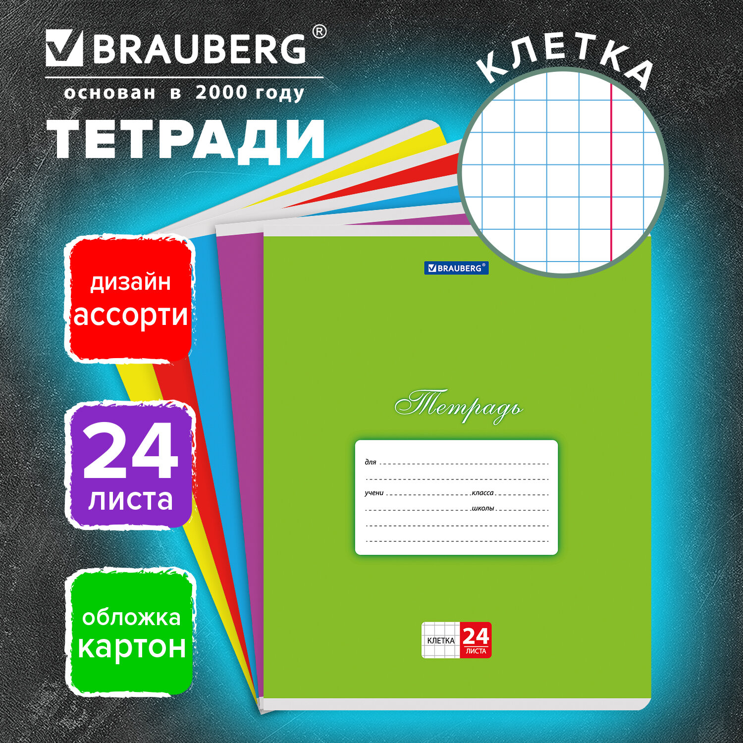 Тетрадь 24 л. BRAUBERG КЛАССИКА, клетка, обложка картон, АССОРТИ (5 видов), 401993