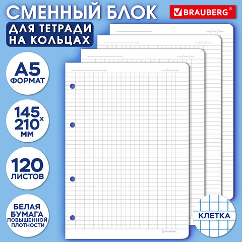 Сменный блок для тетрадей на 4 кольцах А5 120 л., BRAUBERG, ПОВЫШЕННОЙ ПЛОТНОСТИ, белый, 403638