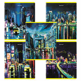 Тетради КОМПЛЕКТ 5 шт. А5, 48 л., BRAUBERG скоба, клетка, TWIN лак, "Night City", 404396