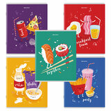 Тетради КОМПЛЕКТ 5 шт. А5, 48 л., BRAUBERG скоба, клетка, TWIN лак, "Funny Food", 404397