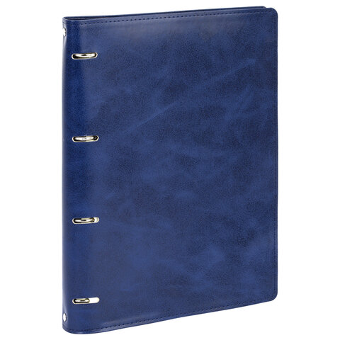 Тетрадь на кольцах БОЛЬШАЯ А4 (240х310 мм), 120 листов, под кожу, клетка, BRAUBERG "Main", синий, 404510