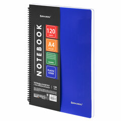 Тетрадь обложка пластик, А4, 120 л., спираль пластик, клетка, BRAUBERG &laquo;Metropolis&raquo;, синий, 404739
