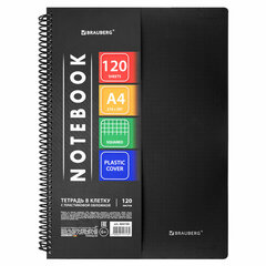 Тетрадь обложка пластик, А4, 120 л., спираль пластик, клетка, BRAUBERG &laquo;Metropolis&raquo;, черный, 404740