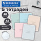 Тетради ДЭК А5 48 л. КОМПЛЕКТ 5 шт. BRAUBERG скоба, клетка, матовая ламинация, "Однотонный_Пастель", 404923