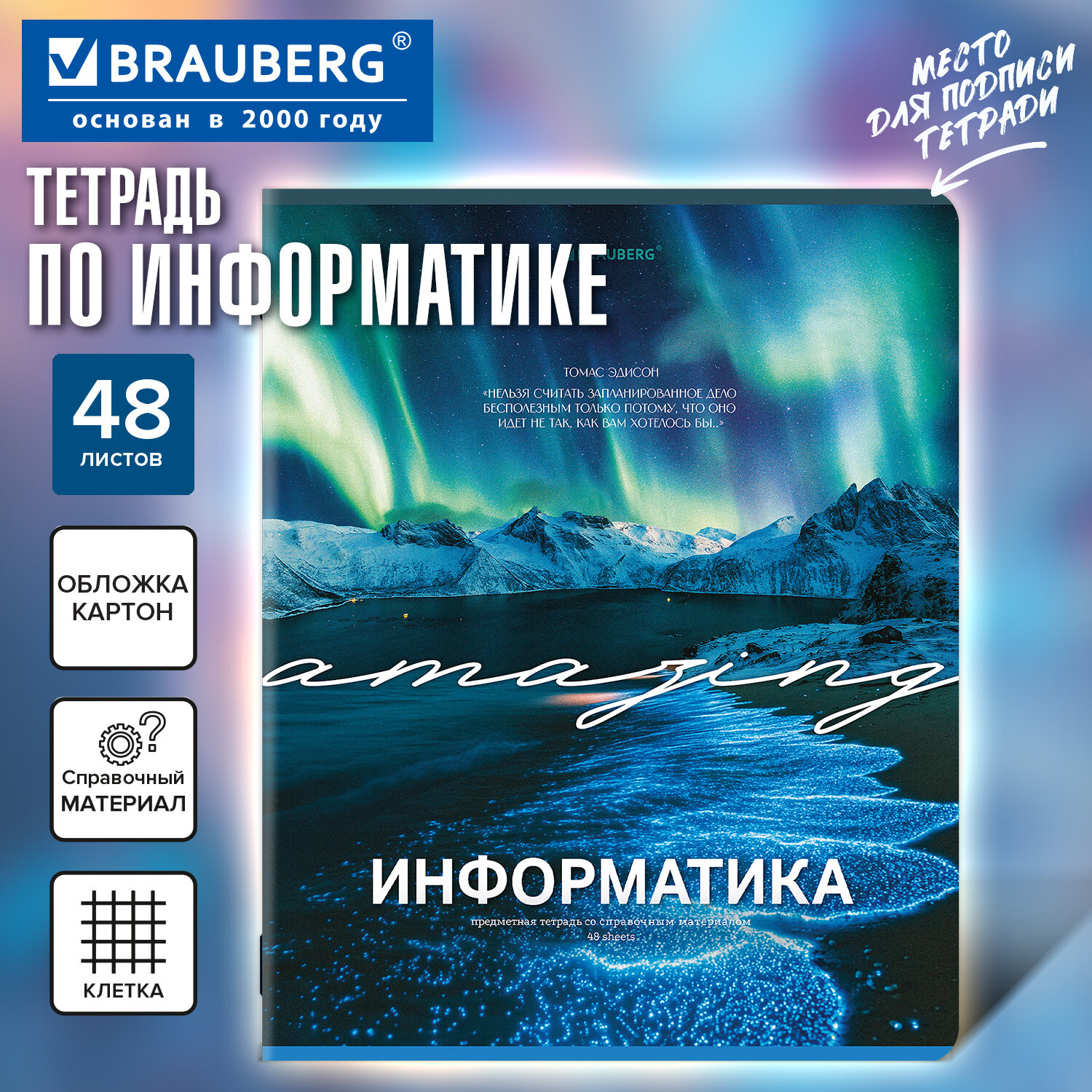 Тетрадь предметная КЛАССИКА ПРИРОДА 48 л., обложка картон, ИНФОРМАТИКА, клетка, подсказ, BRAUBERG, 405088
