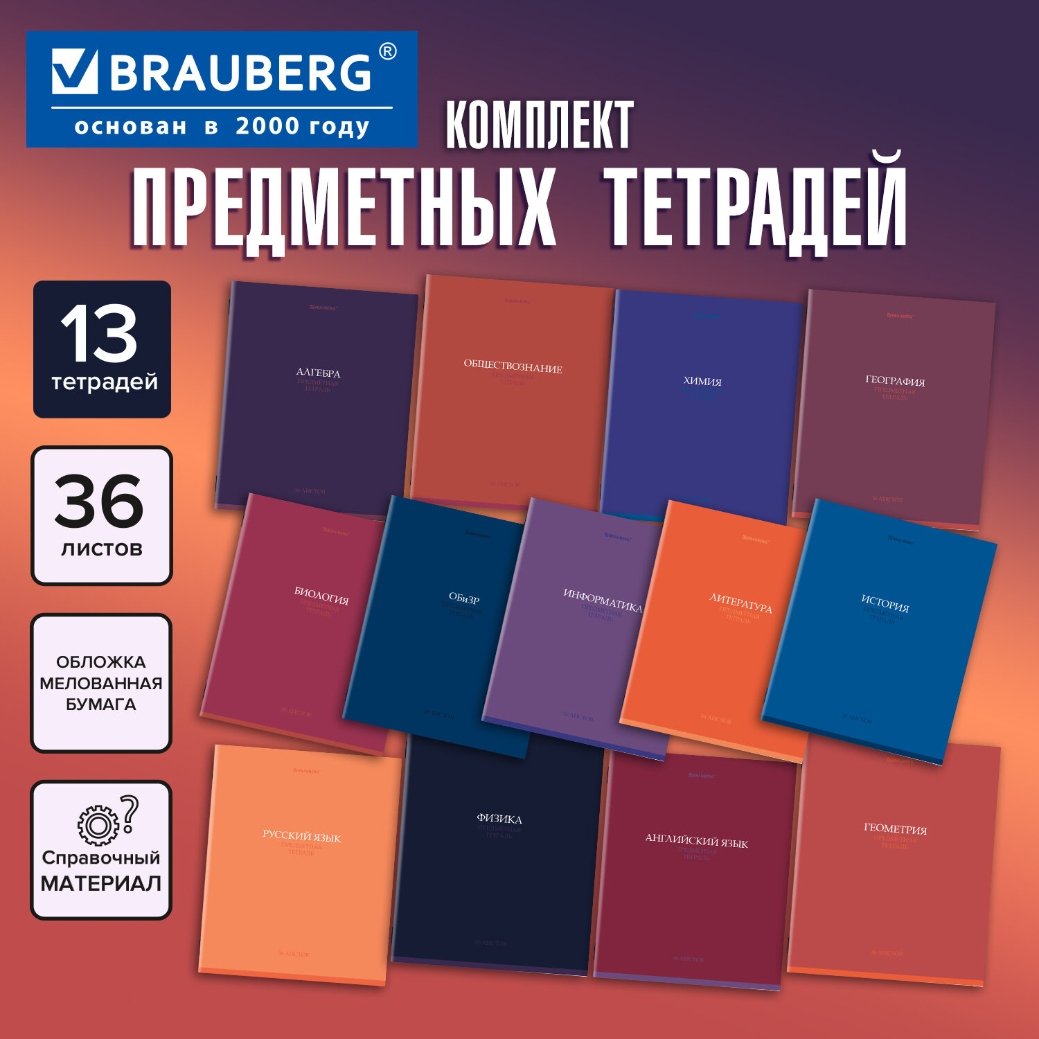 Тетради предметные, КОМПЛЕКТ 13 ПРЕДМЕТОВ, 36 л., обложка мелованная бумага, BRAUBERG, "КОЛОР", 405161