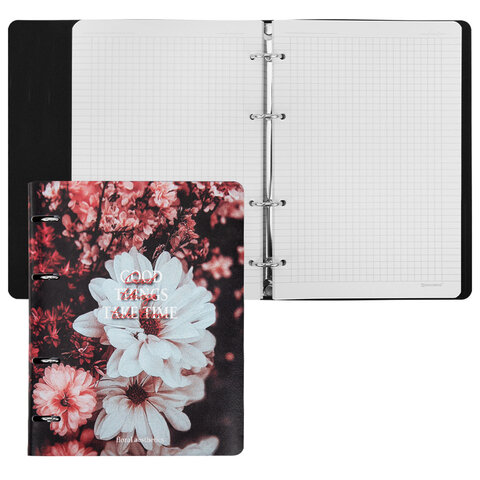 Тетрадь на кольцах А5, 175х215 мм, 120 л., под кожу, BRAUBERG VISTA, "Цветы", 405210