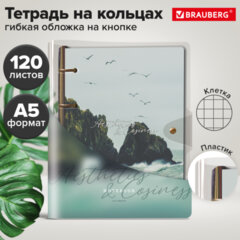 Тетрадь на кольцах А5, 175х215 мм, 120 л., гибкий пластик, клапан, BRAUBERG STYLISH, "Море и скалы", 405226