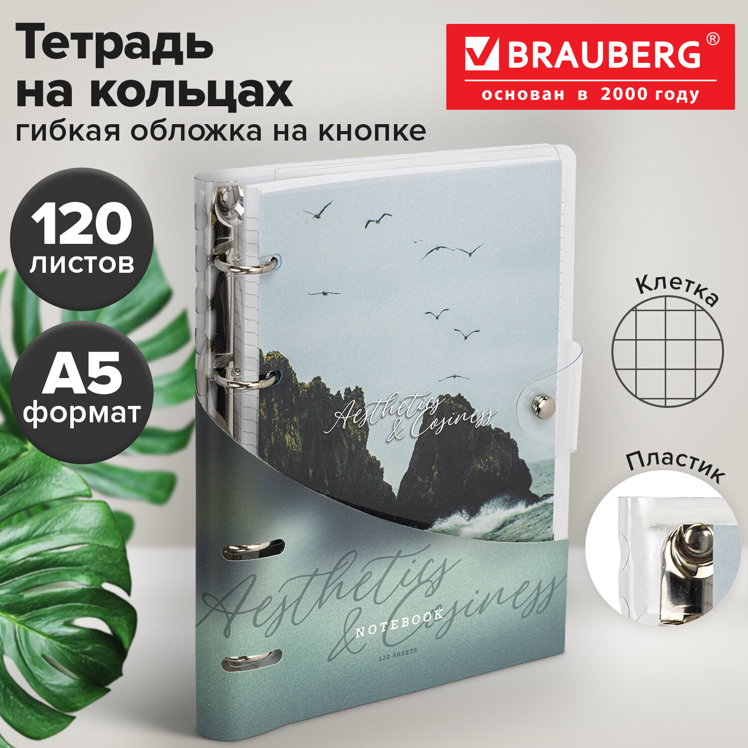 Тетрадь на кольцах А5, 175х215 мм, 120 л., гибкий пластик, клапан, BRAUBERG STYLISH, "Море и скалы", 405226