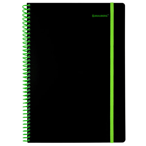 Тетрадь обложка пластик, А4 80 л., спираль пластик, резинка, клетка, BRAUBERG, черный/зеленый, 405383