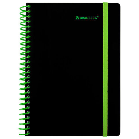 Тетрадь обложка пластик, А5 80 л., спираль пластик, резинка, клетка, BRAUBERG, черный/зеленый, 405387