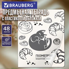 Тетрадь предметная КОТ-НЕПОСЕДА 48 л., пластиковая обложка, ГЕОМЕТРИЯ, клетка, подсказ, BRAUBERG, 405532