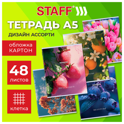 Тетрадь А5 48 л. STAFF "College", скоба, клетка, офсет №2 ЭКОНОМ, обложка картон, "ПРИРОДА", 405626