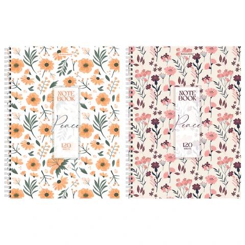 Тетрадь А4, 120 л., BRAUBERG, гребень, клетка, матовая ламинация, "Цветочный паттерн", 405646