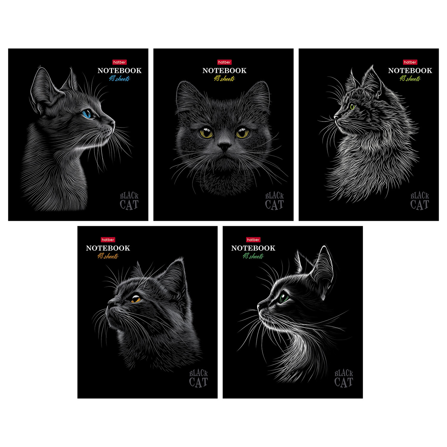 Тетрадь А5, 48 л., HATBER, скоба, клетка, матовая ламинация, 3D-лак, "Black Cat" (микс в спайке), 093159