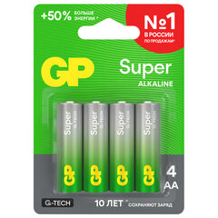 Батарейки КОМПЛЕКТ 4 шт., GP Super G-Tech, AA (LR6, 15А), алкалиновые, пальчиковые, блистер, 15A-2CR4