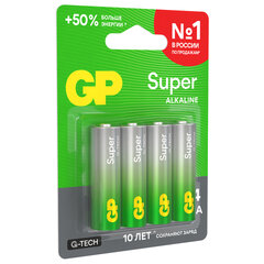 Батарейки КОМПЛЕКТ 4 шт., GP Super G-Tech, AA (LR6, 15А), алкалиновые, пальчиковые, блистер, 15A-2CR4