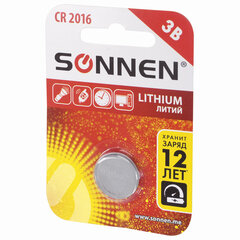 Батарейка литиевая SONNEN Lithium CR2016 "таблетка, дисковая, кнопочная" 1 шт., блистер, 451972