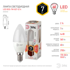 Лампа светодиодная ЭРА STD, 7 (60) Вт, цоколь E14, &laquo;свеча&raquo;, теплый белый свет, 30000 ч., LED B35-7W-827-E14