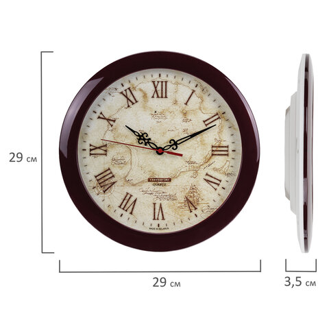 Часы настенные TROYKATIME (TROYKA) 11131150, круг, бежевые с рисунком "Карта", коричневая рамка, 29х29х3,5 см