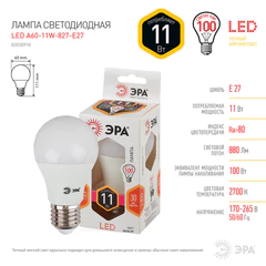Лампа светодиодная ЭРА STD, 11 (100) Вт, цоколь E27, груша, теплый белый свет, 35000 ч., LED A60-11W-827-E27