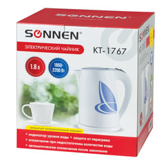 Чайник SONNEN KT-1767, 1,8 л, 2200 Вт, закрытый нагревательный элемент, пластик, белый/<wbr/>синий, 453416
