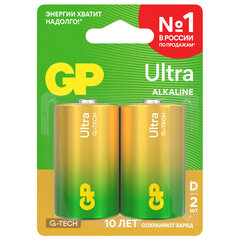 Батарейки КОМПЛЕКТ 2 шт., GP Ultra G-Tech, D (LR20, 13А), алкалиновые, блистер, 13AU-CR2