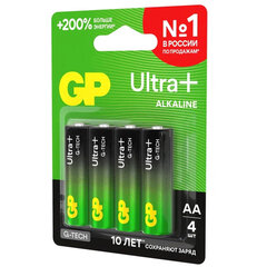 Батарейки КОМПЛЕКТ 4 шт., GP Ultra Plus G-Tech, AA (LR6), алкалиновые, пальчиковые, 15AUPA21-2CRSB4