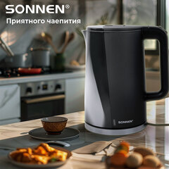 Чайник электрический с двойными стенками SONNEN KT-8718B, 1,7 л, 2200 Вт, графитовый, 454686