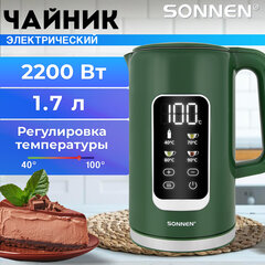 Чайник с терморегулятором и дисплеем, ДВОЙНЫЕ СТЕНКИ, SONNEN KT-8723EG, 1,7 л, 2200 Вт, изумрудный, 454689