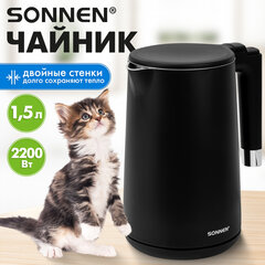 Чайник электрический с двойными стенками SONNEN KT-8719B, 1,5 л, 2200 Вт, черный, 454692
