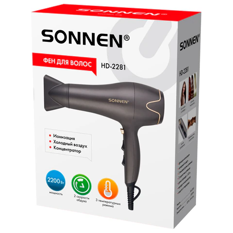 Фен для волос SONNEN HD-2281, 2200 Вт, холодный воздух, турмалиновая ионизация, 3 температуры 454696 - фото 2
