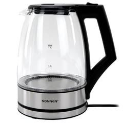 Чайник электрический SONNEN KT-1807, 1,8 л, 2200 Вт, термостойкое стекло, внутренняя подсветка синяя, нержавеющая сталь, 455140