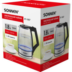 Чайник электрический SONNEN KT-1807, 1,8 л, 2200 Вт, термостойкое стекло, внутренняя подсветка синяя, нержавеющая сталь, 455140