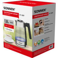 Чайник электрический SONNEN KT-1809, 1,8л, 2200 Вт, термостойкое стекло текстура ромб, внутренняя подсветка синяя, нержавеющая сталь, 455142