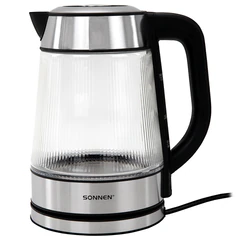 Чайник электрический SONNEN KT-6801, 1,8 л, 2200 Вт, термостойкое стекло текстура полоска, внутренняя подсветка синяя, нерж. сталь, 455143