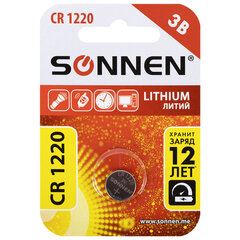Батарейка литиевая SONNEN Lithium CR1220 &laquo;таблетка, дисковая, кнопочная&raquo; 1 шт., блистер, 455597