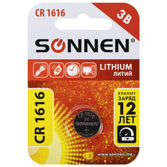 Батарейка литиевая SONNEN Lithium CR1616 &laquo;таблетка, дисковая, кнопочная&raquo; 1 шт., блистер, 455598