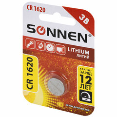 Батарейка литиевая SONNEN Lithium CR1620 "таблетка, дисковая, кнопочная" 1 шт., блистер, 455599