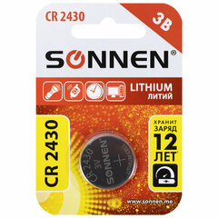 Батарейка литиевая SONNEN Lithium CR2430 &laquo;таблетка, дисковая, кнопочная&raquo; 1 шт., блистер, 455600