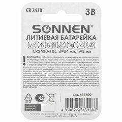 Батарейка литиевая SONNEN Lithium CR2430 &laquo;таблетка, дисковая, кнопочная&raquo; 1 шт., блистер, 455600