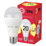 Лампа светодиодная ЭРА RED LINE, 20 (150) Вт, цоколь Е27, груша, теплый белый свет, 25000 ч., LED A65-20W-3000-E27