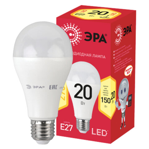 Лампа светодиодная ЭРА RED LINE, 20 (150) Вт, цоколь Е27, груша, теплый белый свет, 25000 ч., LED A65-20W-3000-E27, Б0050687