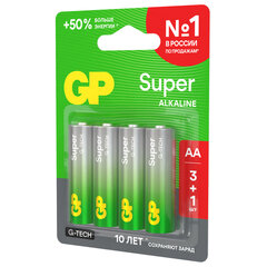 Батарейки КОМПЛЕКТ 4 шт., GP Super G-Tech, AA (LR6,15А), алкалиновые, пальчиковые, ПРОМО 3+1