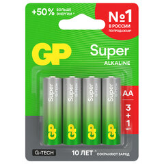 Батарейки КОМПЛЕКТ 4 шт., GP Super G-Tech, AA (LR6,15А), алкалиновые, пальчиковые, ПРОМО 3+1