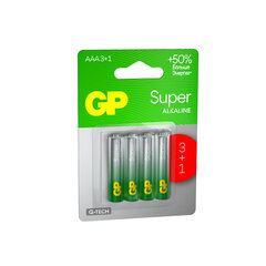Батарейки КОМПЛЕКТ 4 шт., GP Super G-Tech, AAA (LR03,24А), алкалиновые, мизинчиковые, ПРОМО 3+1